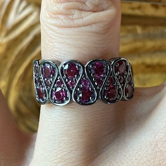 Natural Raspberry Garnet Black Rhodium Over Sterling Silver Ring Size 8 - Picture 1 of 10